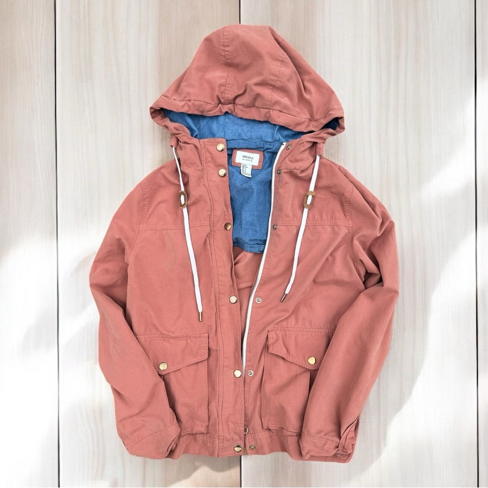 Forever21 Dusty Rose, Salmon Pink, Utility Jacket, Raincoat, Gold/Blue Accents S